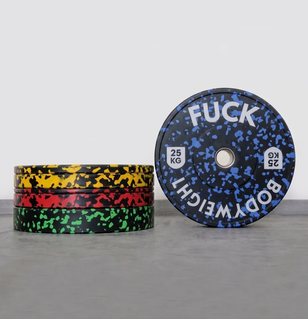Blue-flecked bumper plate concept with a stack of red, yellow and green plates
